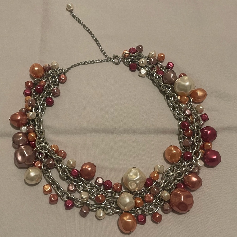 Multicolor Pearl Triple Strand Chain Necklace